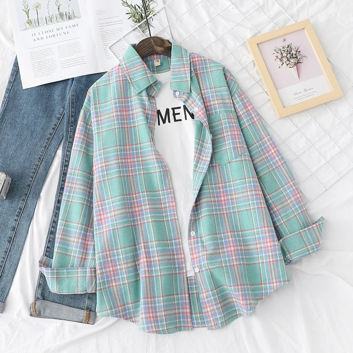 Casual Women's Plaid Shirt Loose Blouse and Tops