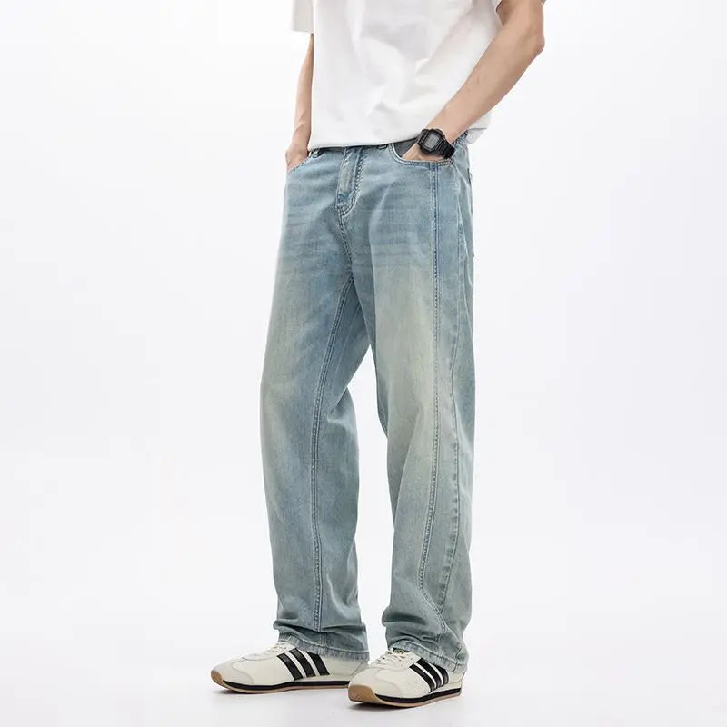 Men's Casual Loose Straight Cut Blue Denim Jeans Autumn Wash Breathable Washable Features Mid Waist