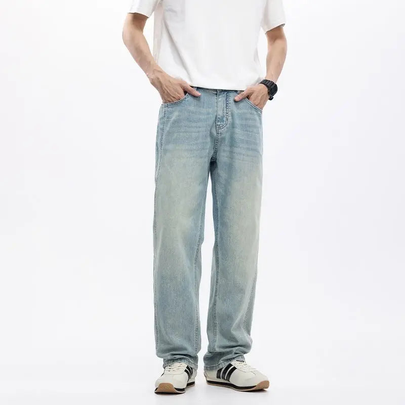 Men's Casual Loose Straight Cut Blue Denim Jeans Autumn Wash Breathable Washable Features Mid Waist