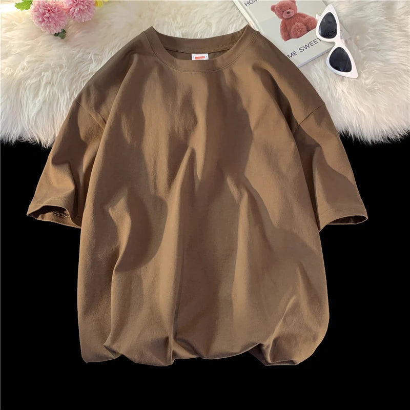 Summer Men's Heavy T Shirt Casual Solid Short Sleeve Basic Tee Women 100% Cotton 260gsm 9.17oz Oversized O Neck Hip-Hop Tops