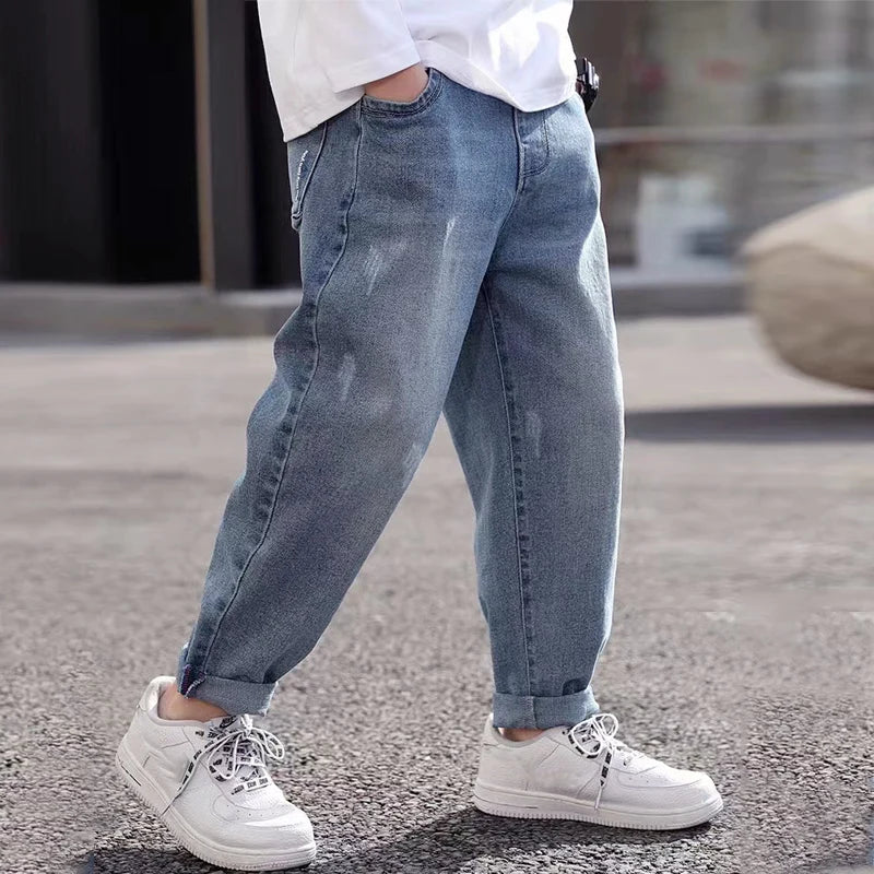 IENENS Spring Light Blue Children's Jeans Boy Denim Trousers Kids Clothes Baby Boys Elastic Waist Pants Slim Jeans For Boy