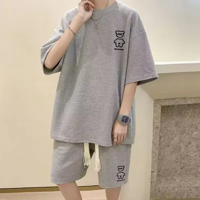 TZ015 New Summer Waffle Round Neck Short Sleeved M L XXXL 4LX 5XL T-shirt for Men's Short Sleeved Top T-shirt+Shorts suit