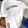 Los Angeles letter print men's summer 100% cotton fashion loose large size casual comfortable round neck short-sleeved top