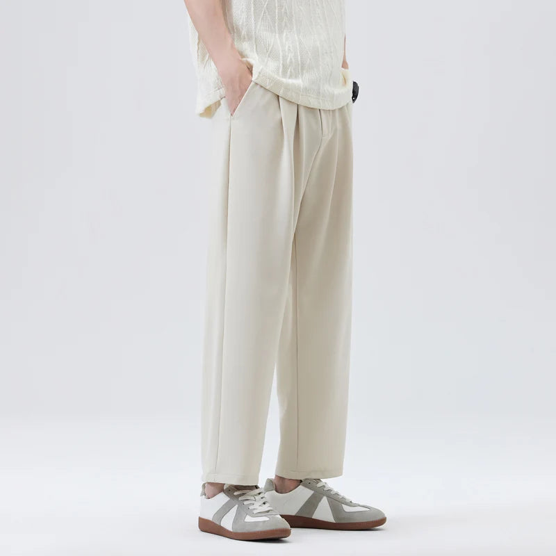 Spring Summer Casual Pant Men Elastic Waist Loose Casual Wide Leg Ankle-length Suit Pant Man Vintage Baggy Pants Trousers