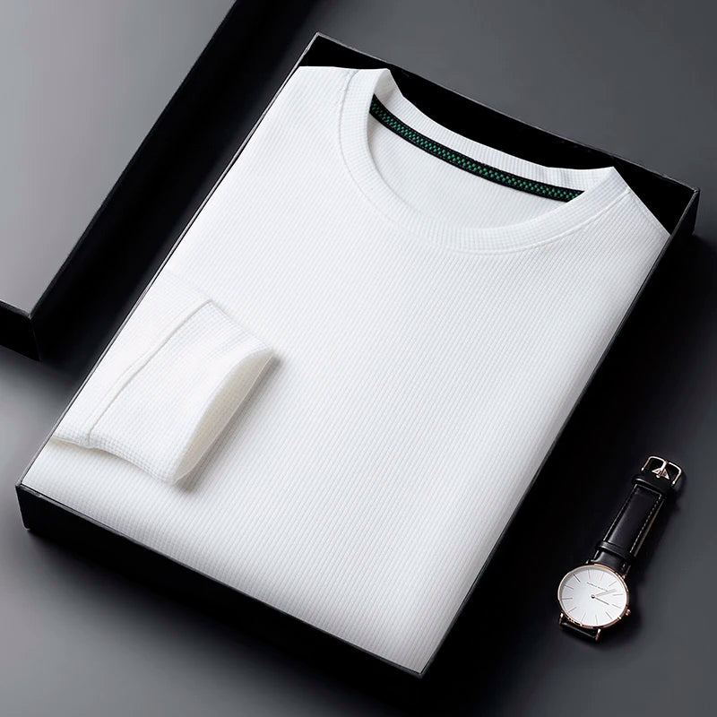 Men's Casual Waffle Round Neck T-shirt Breathable, Comfortable, and Fashionable Long Sleeved T-shirt