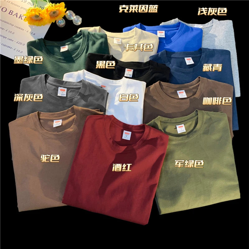 Summer Men's Heavy T Shirt Casual Solid Short Sleeve Basic Tee Women 100% Cotton 260gsm 9.17oz Oversized O Neck Hip-Hop Tops
