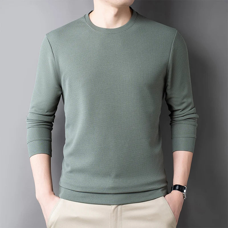 Men's Casual Waffle Round Neck T-shirt Breathable, Comfortable, and Fashionable Long Sleeved T-shirt