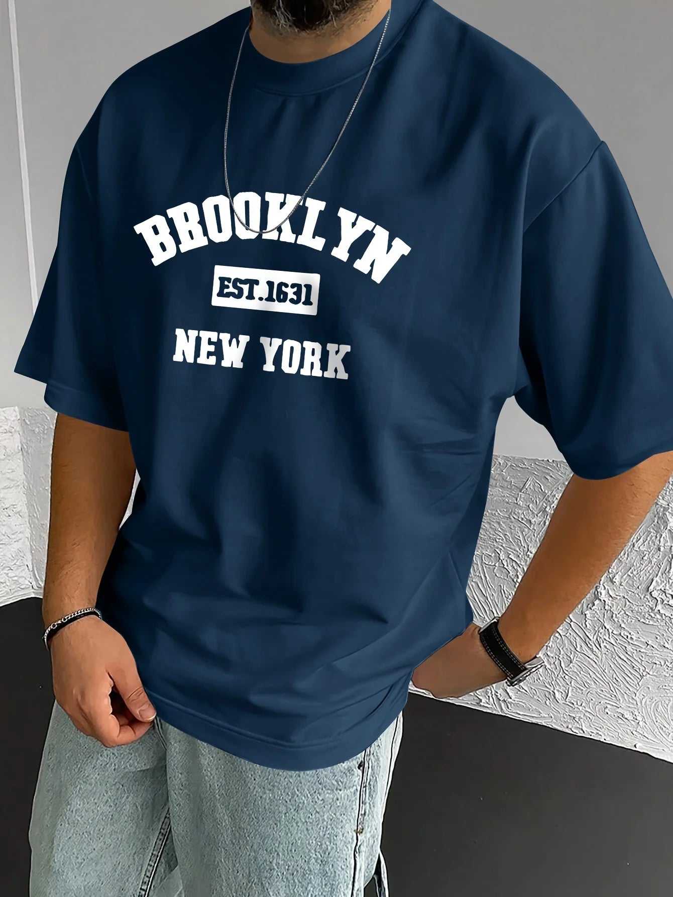 Men's summer 100% pure cotton fashionable casual loose sports Brooklyn pattern printed round neck short sleeved T-shirt top