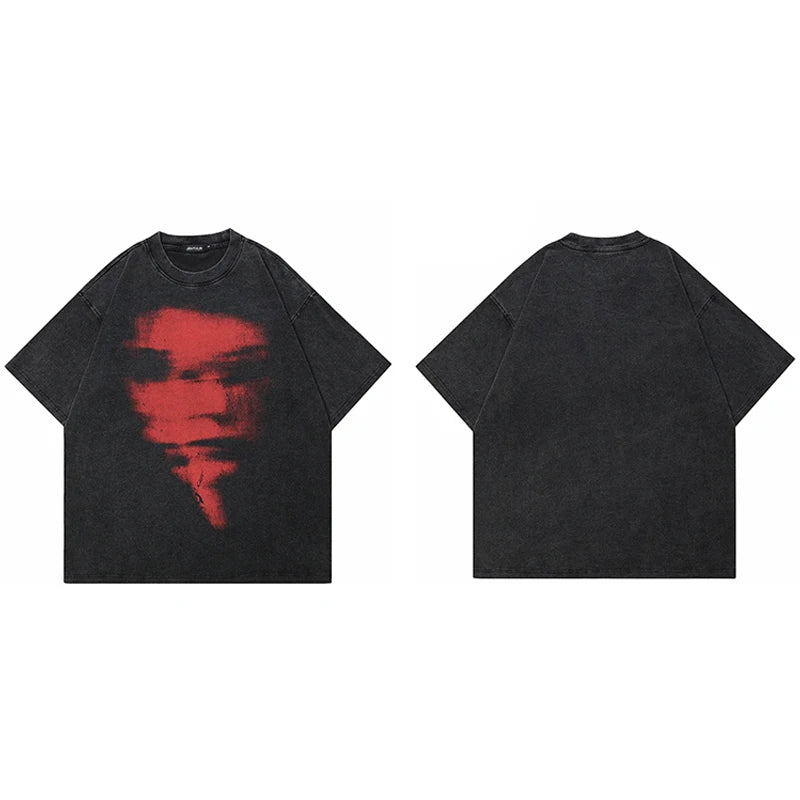 Hip Hop 2024 Summer Washed Black T-Shirt Streetwear Graphic Blurry Face T Shirt Cotton Unisex Men's Tshirt Tops Y2k Tees Hipster