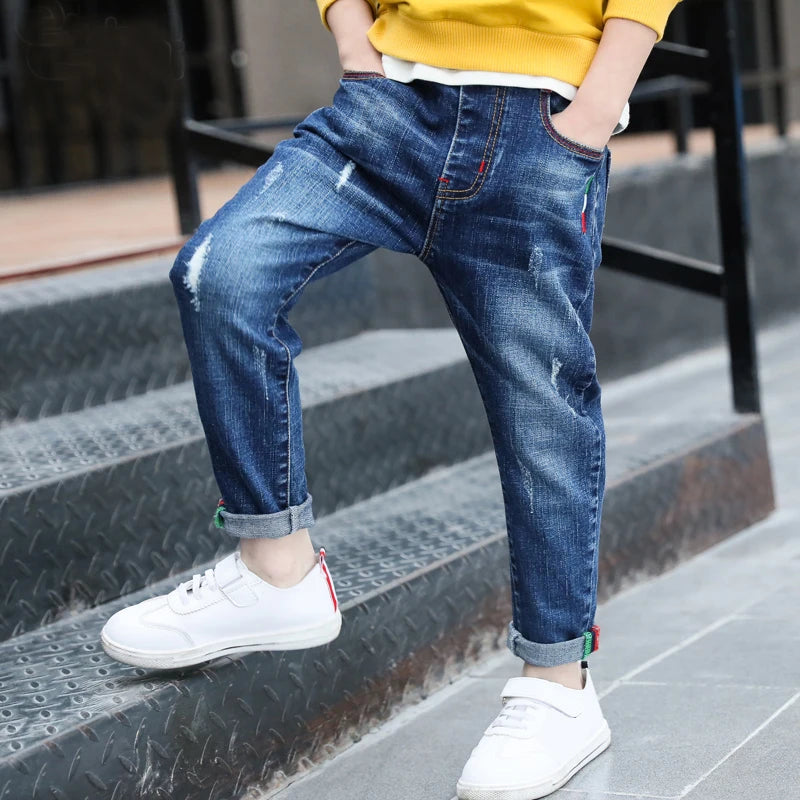 IENENS Kids Boy's Jeans Young Casual Trousers 4-11 Years Children Denim Long Pants Elastic Waist Pants Spring Autumn Slim Jean