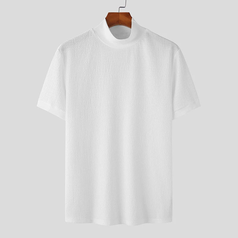 Tight T-shirt Casual Streetwear Textured High-neck Solid