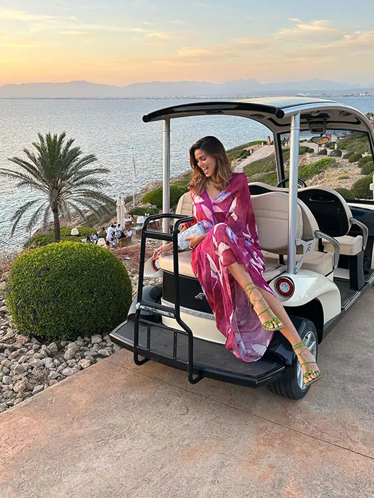 Women Printed V-neck Mesh Thin Maxi Dresses