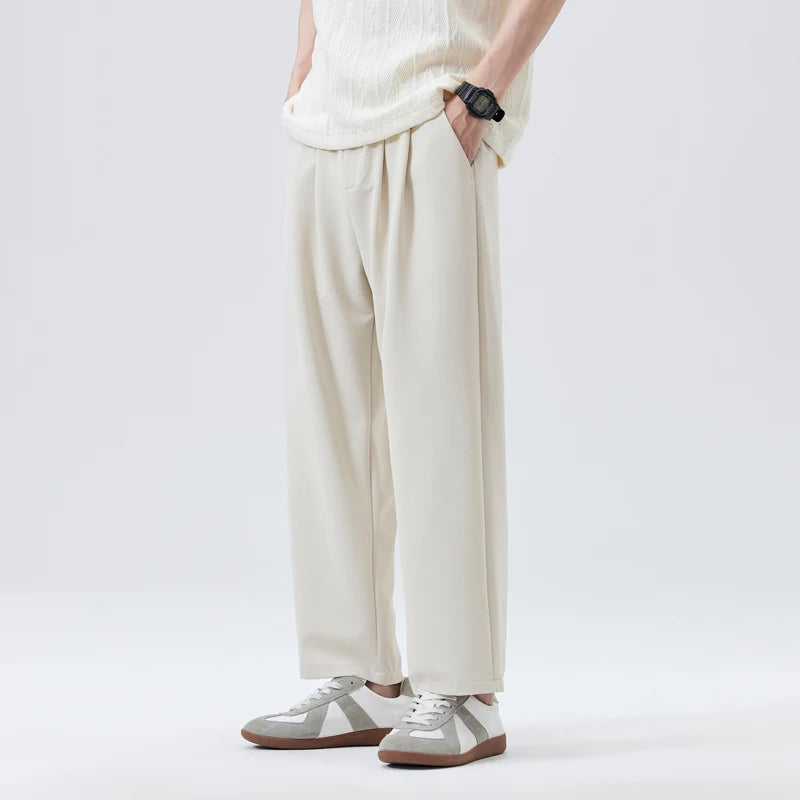 Spring Summer Casual Pant Men Elastic Waist Loose Casual Wide Leg Ankle-length Suit Pant Man Vintage Baggy Pants Trousers