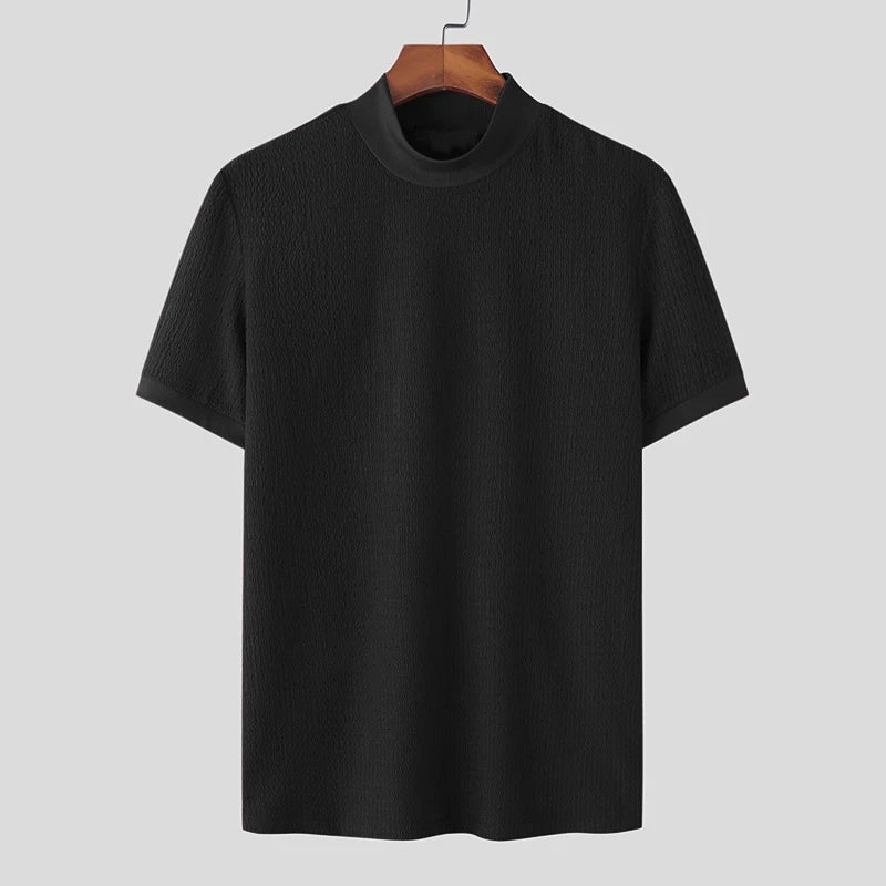 Tight T-shirt Casual Streetwear Textured High-neck Solid