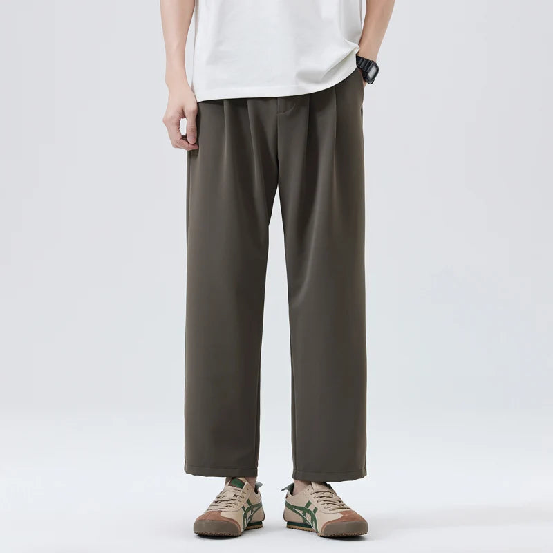 Spring Summer Casual Pant Men Elastic Waist Loose Casual Wide Leg Ankle-length Suit Pant Man Vintage Baggy Pants Trousers