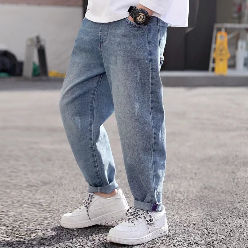 IENENS Spring Light Blue Children's Jeans Boy Denim Trousers Kids Clothes Baby Boys Elastic Waist Pants Slim Jeans For Boy