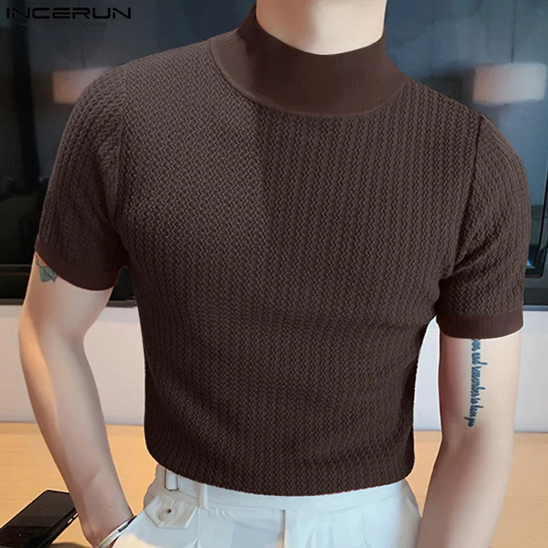 Tight T-shirt Casual Streetwear Textured High-neck Solid