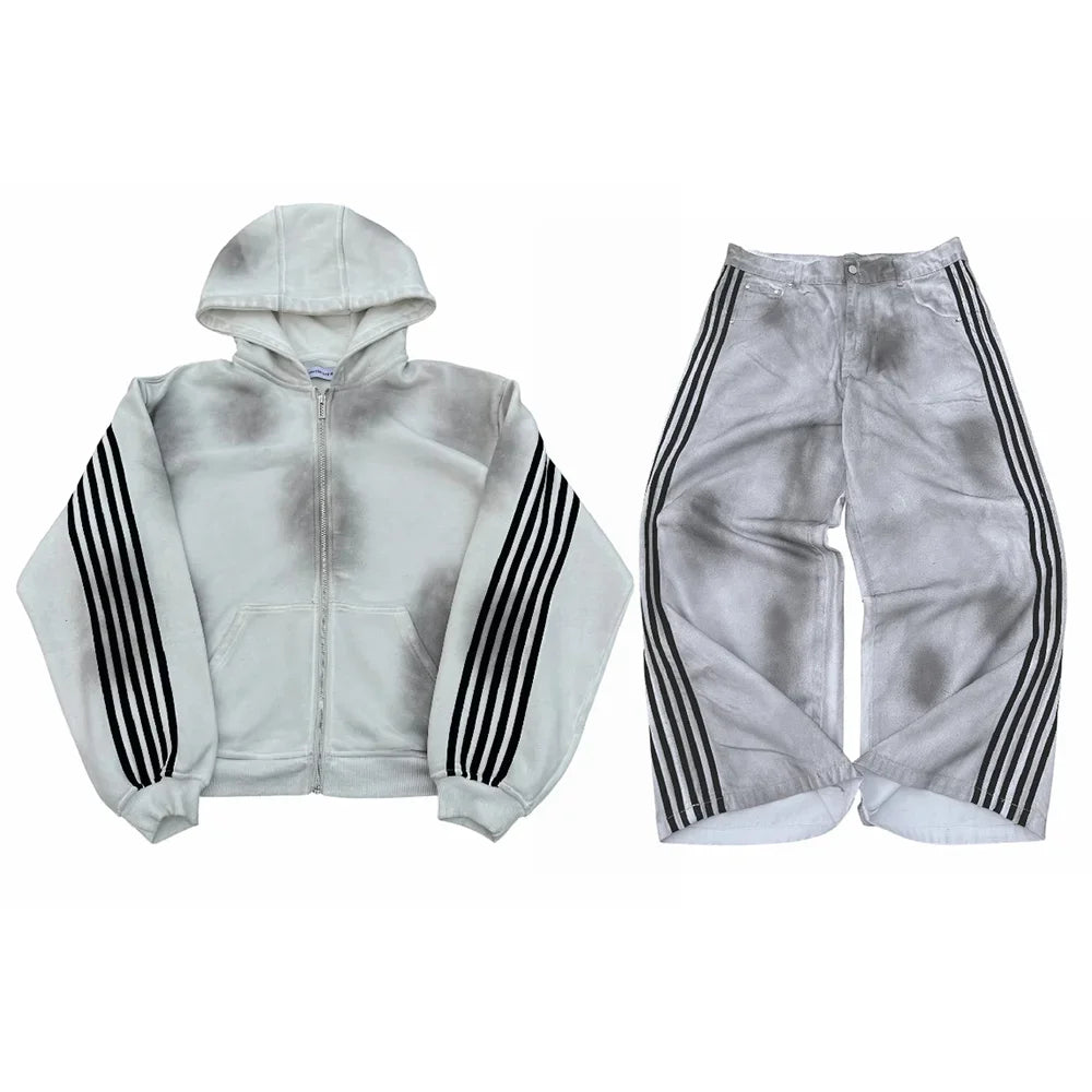HCW Striped Zipper Hoodie Sweatpants Two Piece Set Y2K Sportswear Mens Letter Stripe Embroidery Oversized Sweatshirt Pants Set