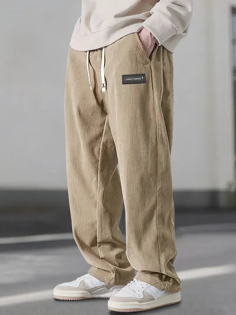 2025 Autumn Winter Men's Casual Pants Striped Corduroy Loose Fashion Cargo Straight Pants Fitness Sports Hip Hop Pants
