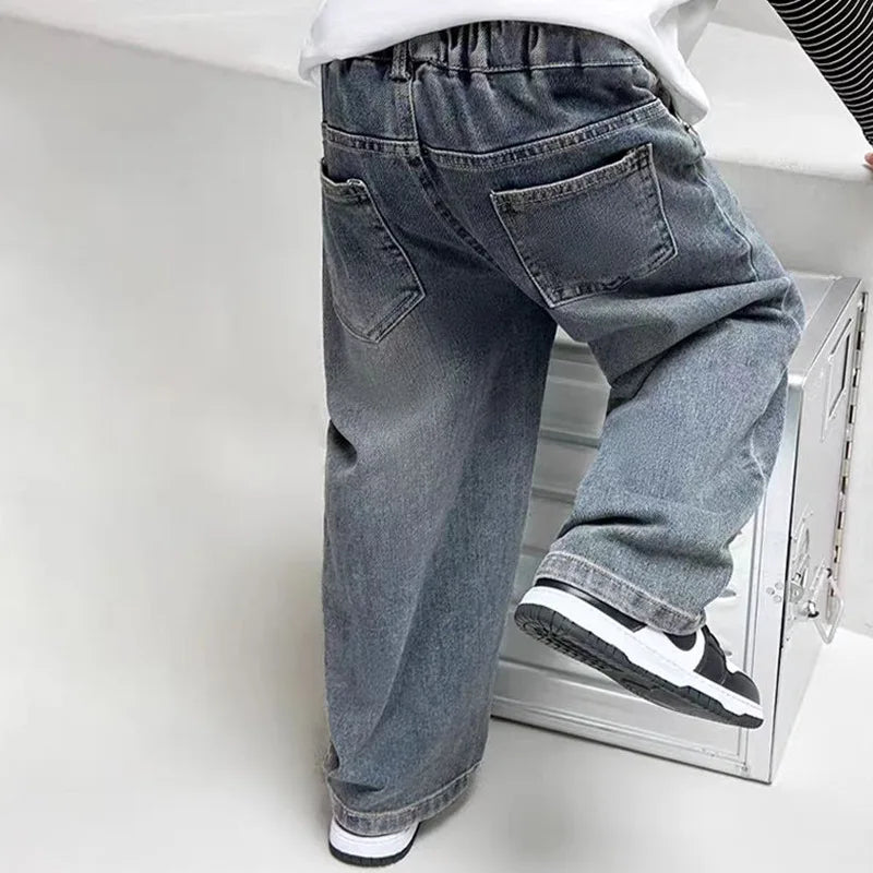 Boys Spring Jeans Children's Fashion Pants Autumn New Straight Trousers Kids Casual Loose Elastic Denim 2025 Teens Cotton Bottom