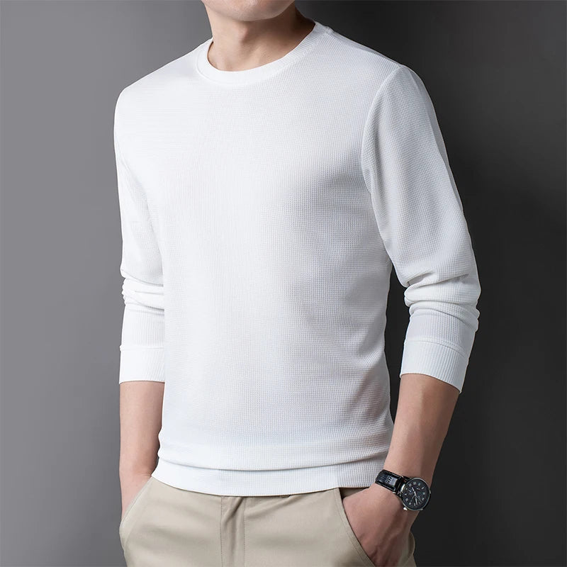 Men's Casual Waffle Round Neck T-shirt Breathable, Comfortable, and Fashionable Long Sleeved T-shirt