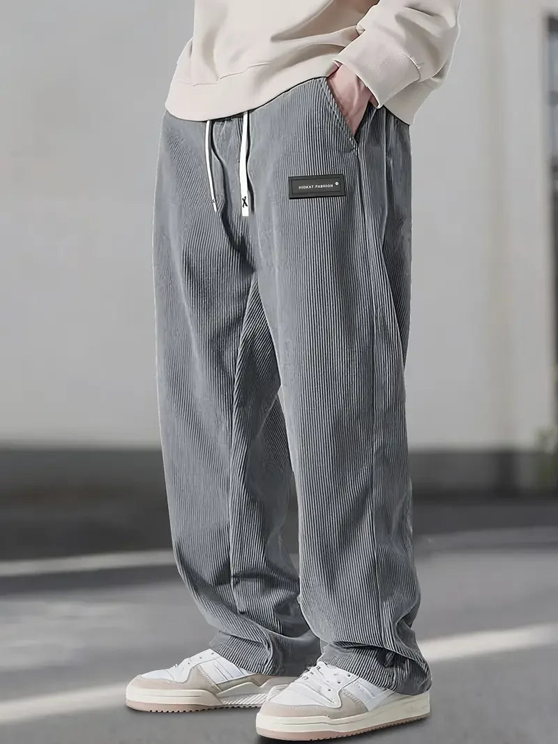 2025 Autumn Winter Men's Casual Pants Striped Corduroy Loose Fashion Cargo Straight Pants Fitness Sports Hip Hop Pants