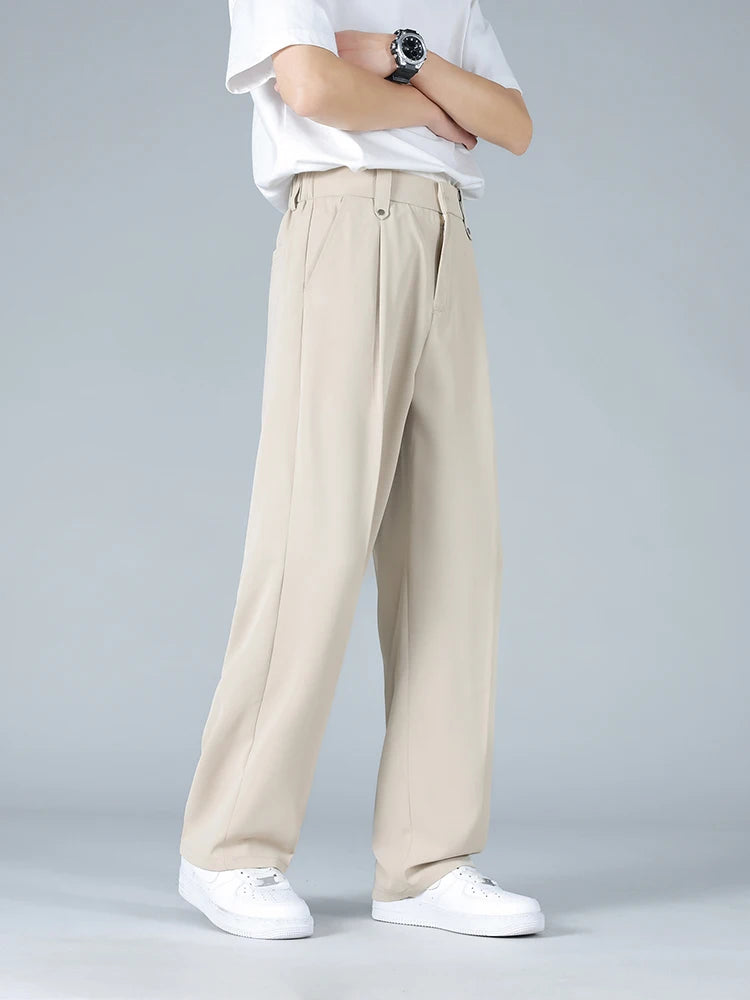 Summer Men's Pants Big Size Light Cool Polyester Straight Suit Pants Loose Fit Banding Slacks Men Business Casual Trousers 8XL