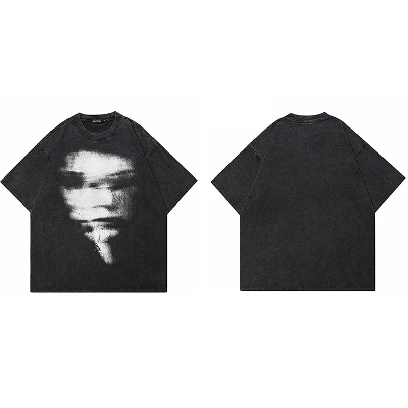Hip Hop 2024 Summer Washed Black T-Shirt Streetwear Graphic Blurry Face T Shirt Cotton Unisex Men's Tshirt Tops Y2k Tees Hipster
