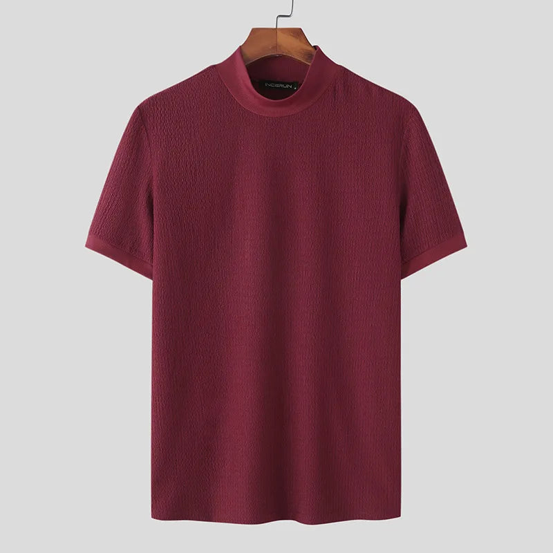 Tight T-shirt Casual Streetwear Textured High-neck Solid