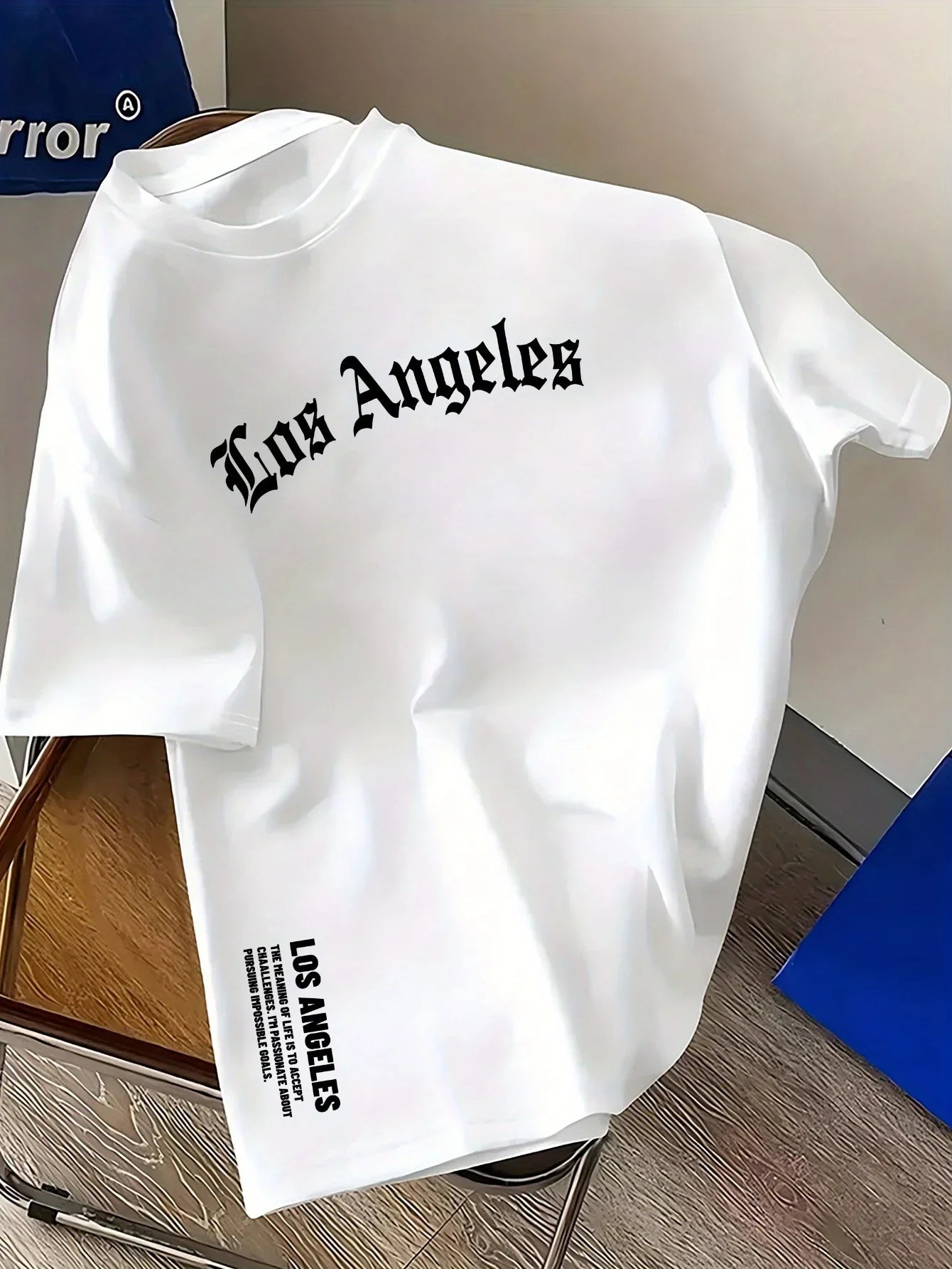 Los Angeles letter print men's summer 100% cotton fashion loose large size casual comfortable round neck short-sleeved top