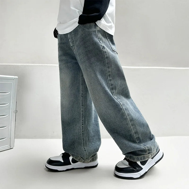 Boys version straight jeans street style 2025 new jeans medium and big children handsome street straight wide-leg 4 -12Y