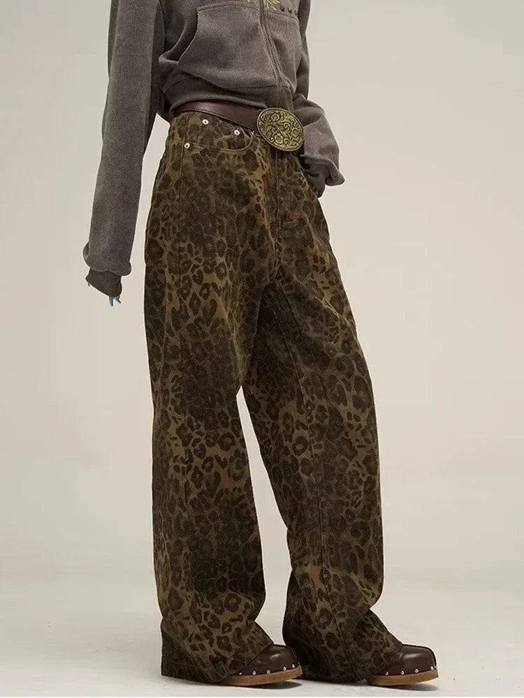 Tan Leopard Jeans Women Denim Female Oversize Pants