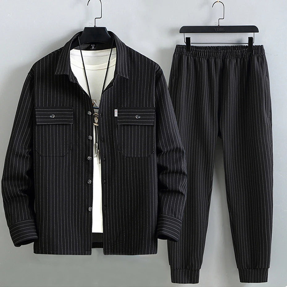 Men's Stripe Sets Plus Size 10XL 11XL Cargo Shirts Pants Male Autumn Winter Thick Suits Fashion Casual Jacket Sets Big Size 10XL