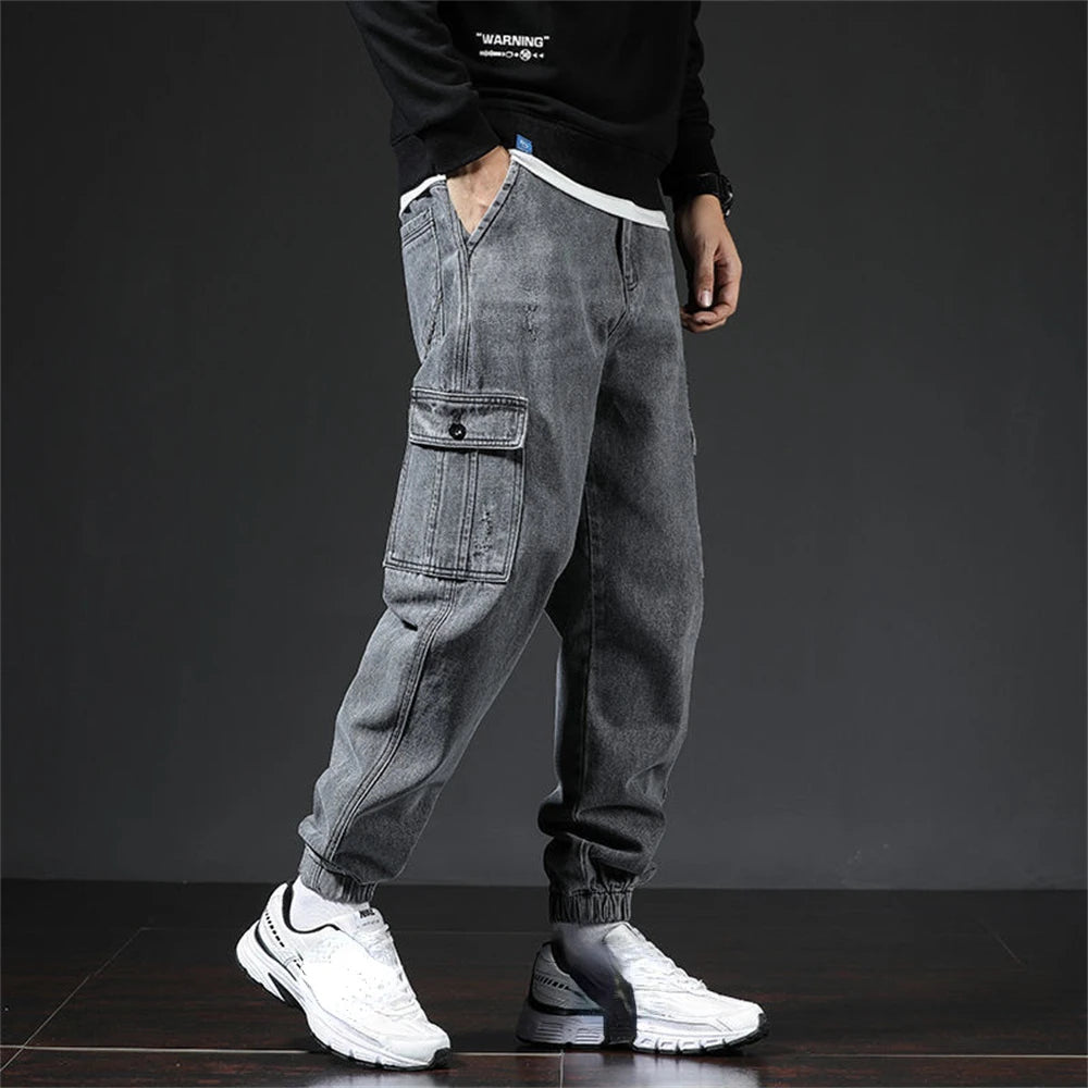 Spring Summer Black Blue Cargo Jeans Men Streetwear Denim Jogger Pants Men Baggy Harem Jean Trousers Harem Jean Trousers