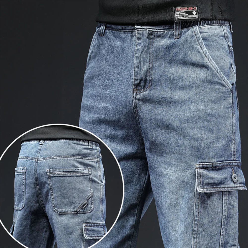 Spring Summer Black Blue Cargo Jeans Men Streetwear Denim Jogger Pants Men Baggy Harem Jean Trousers Harem Jean Trousers