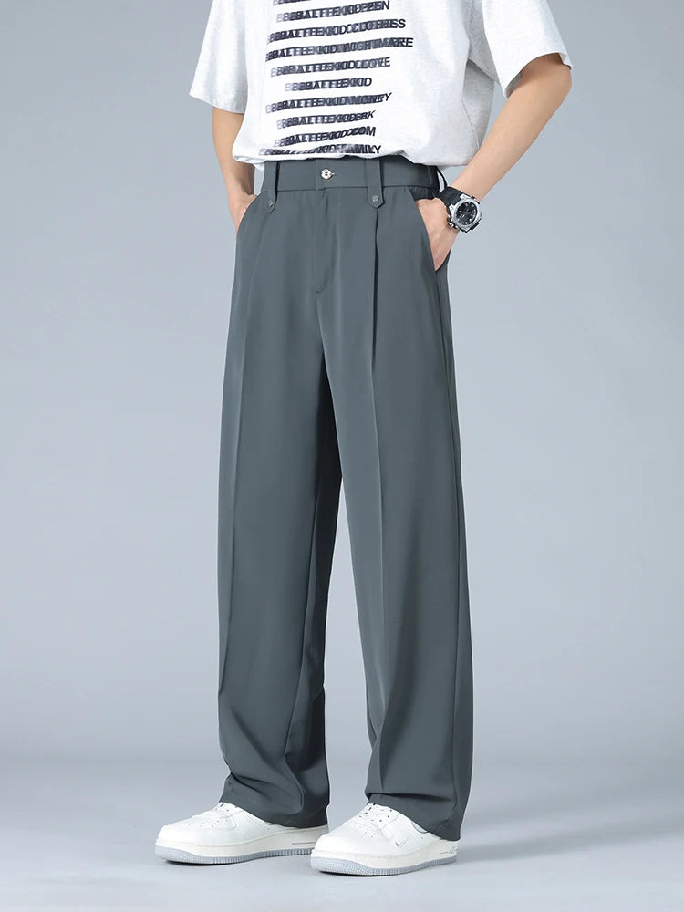 Summer Men's Pants Big Size Light Cool Polyester Straight Suit Pants Loose Fit Banding Slacks Men Business Casual Trousers 8XL