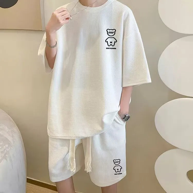 TZ015 New Summer Waffle Round Neck Short Sleeved M L XXXL 4LX 5XL T-shirt for Men's Short Sleeved Top T-shirt+Shorts suit