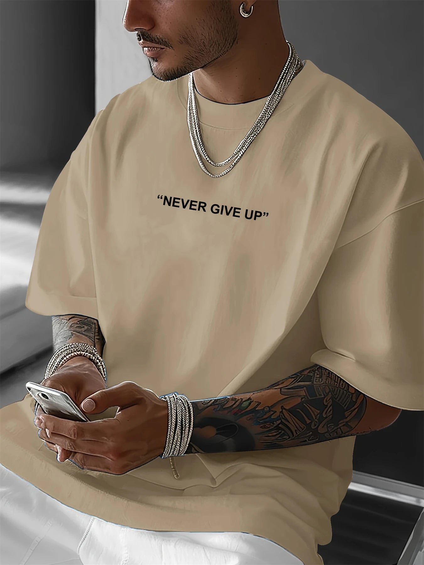 Men's summer 100 cotton fashionable casual loose plus size never give up graphic printed sports round neck short sleeved T-shirt