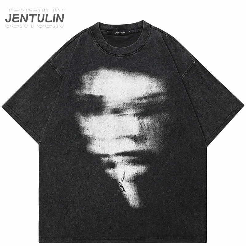 Hip Hop 2024 Summer Washed Black T-Shirt Streetwear Graphic Blurry Face T Shirt Cotton Unisex Men's Tshirt Tops Y2k Tees Hipster