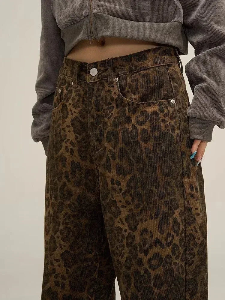 Tan Leopard Jeans Women Denim Female Oversize Pants