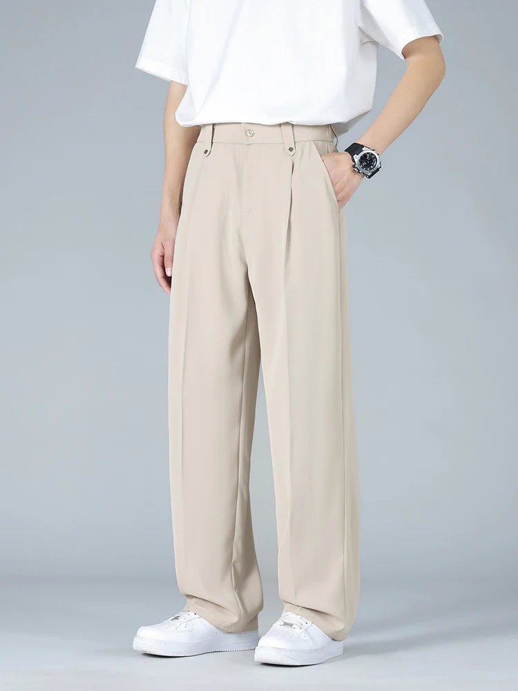 Summer Men's Pants Big Size Light Cool Polyester Straight Suit Pants Loose Fit Banding Slacks Men Business Casual Trousers 8XL
