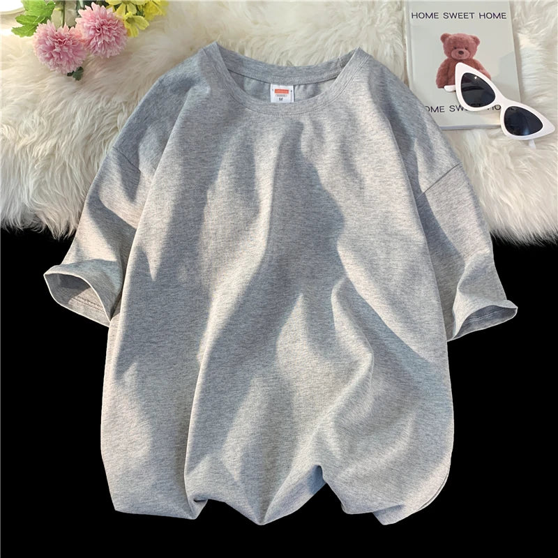 Summer Men's Heavy T Shirt Casual Solid Short Sleeve Basic Tee Women 100% Cotton 260gsm 9.17oz Oversized O Neck Hip-Hop Tops