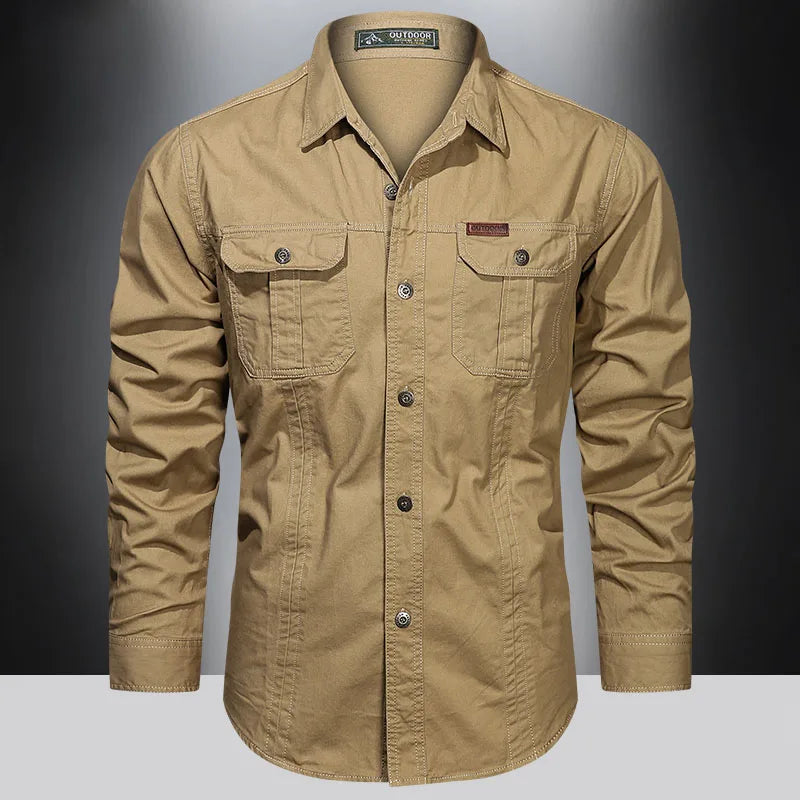 Men Long Sleeve Casual Cotton Cargo Shirt