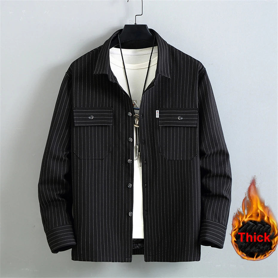 Men's Stripe Sets Plus Size 10XL 11XL Cargo Shirts Pants Male Autumn Winter Thick Suits Fashion Casual Jacket Sets Big Size 10XL