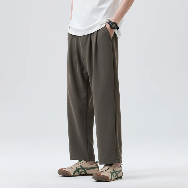 Spring Summer Casual Pant Men Elastic Waist Loose Casual Wide Leg Ankle-length Suit Pant Man Vintage Baggy Pants Trousers