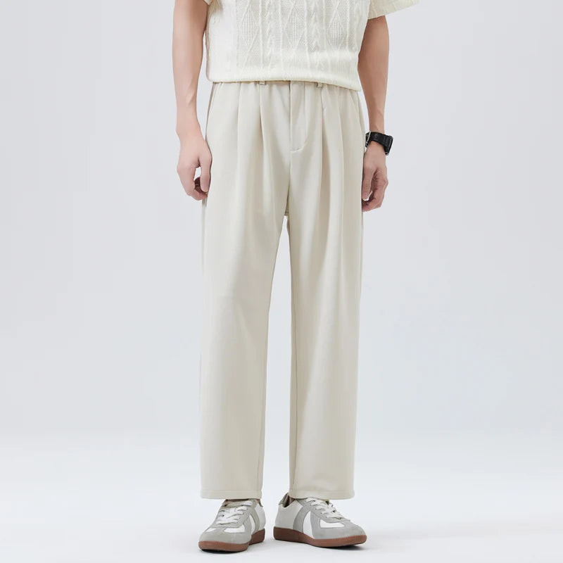 Spring Summer Casual Pant Men Elastic Waist Loose Casual Wide Leg Ankle-length Suit Pant Man Vintage Baggy Pants Trousers