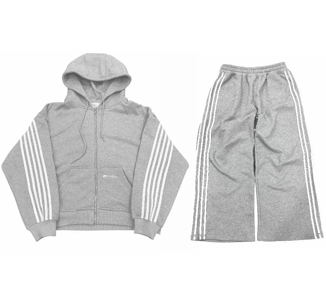 HCW Striped Zipper Hoodie Sweatpants Two Piece Set Y2K Sportswear Mens Letter Stripe Embroidery Oversized Sweatshirt Pants Set