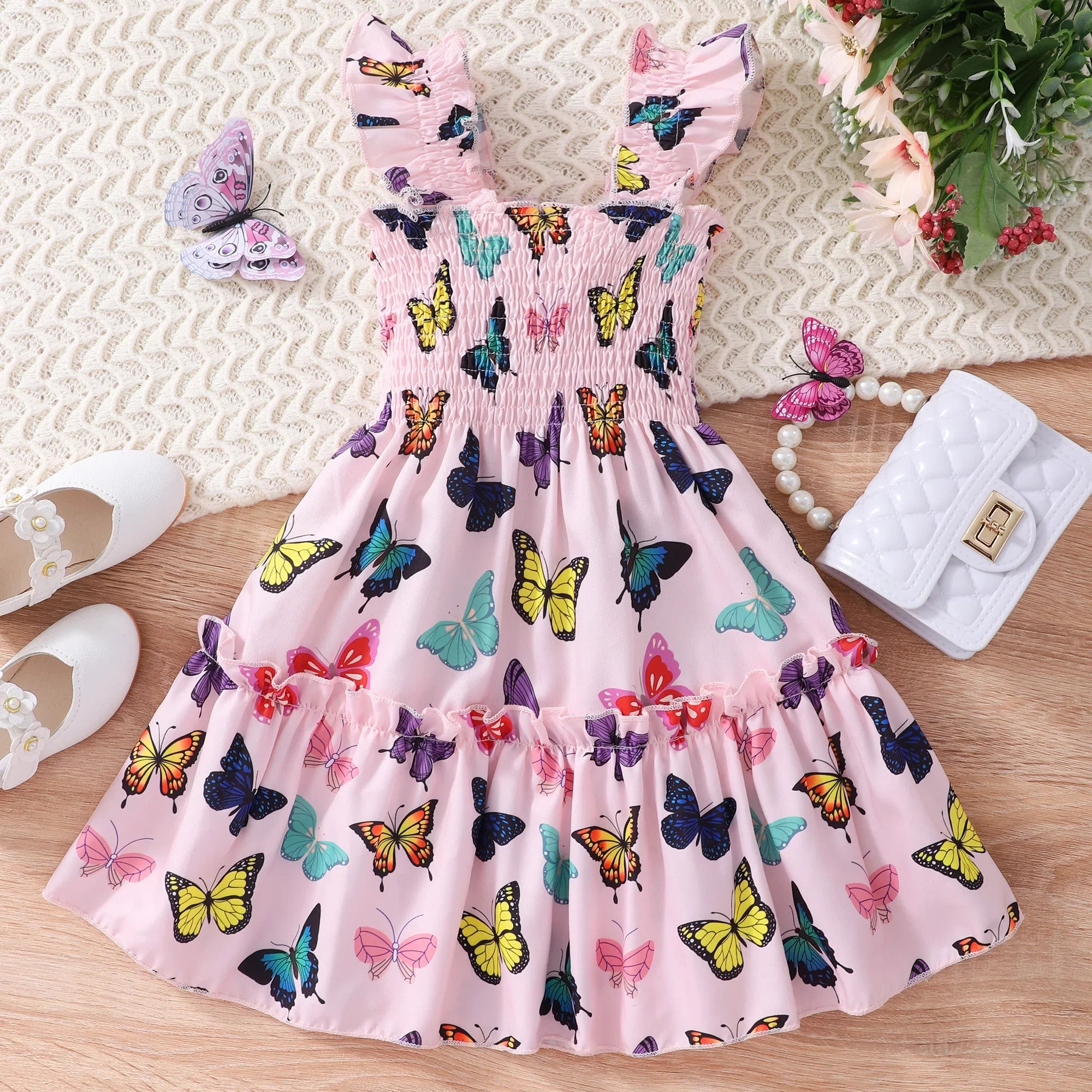 Mermaid Butterfly Rainbow Short Sleeve Kids Dress