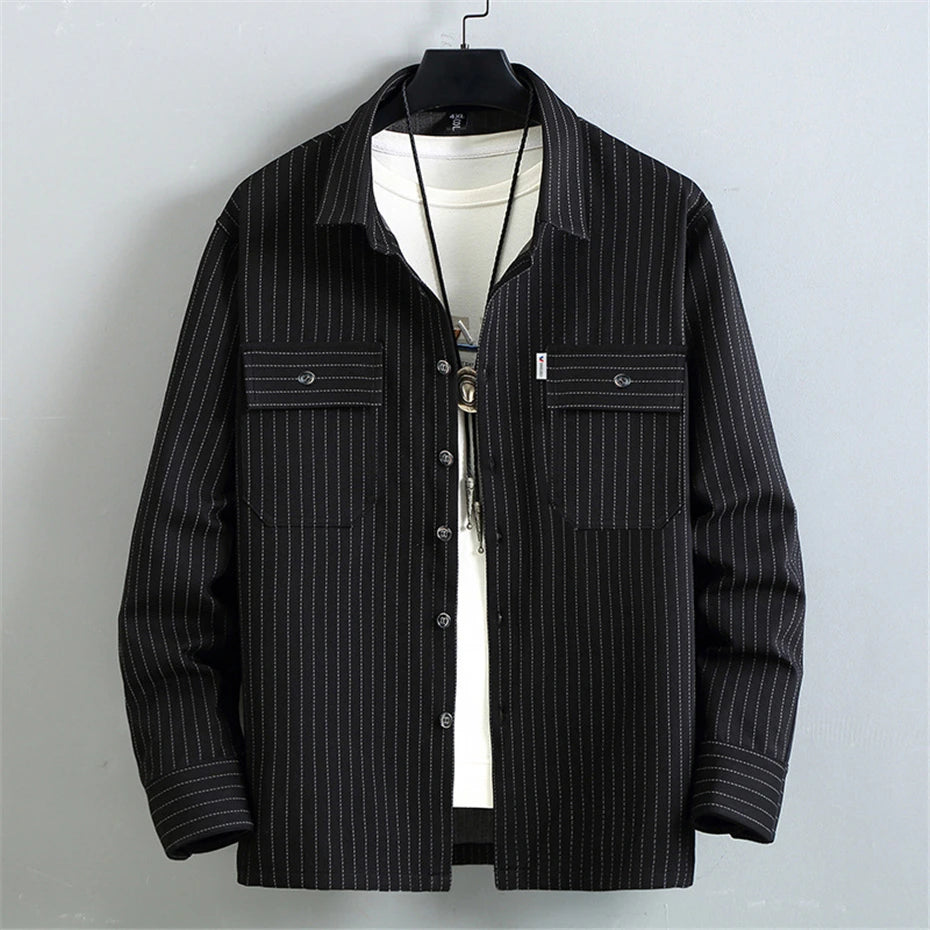 Men's Stripe Sets Plus Size 10XL 11XL Cargo Shirts Pants Male Autumn Winter Thick Suits Fashion Casual Jacket Sets Big Size 10XL