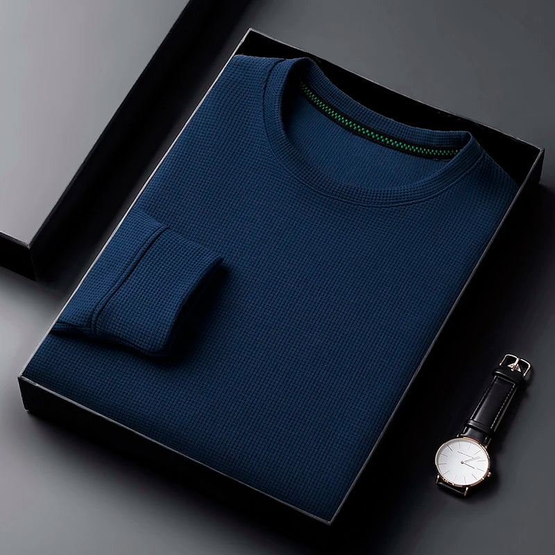 Men's Casual Waffle Round Neck T-shirt Breathable, Comfortable, and Fashionable Long Sleeved T-shirt